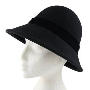 Nine West Women's Vintage Black 100% Wool Cloche Bucket Hat Velvet Trim
